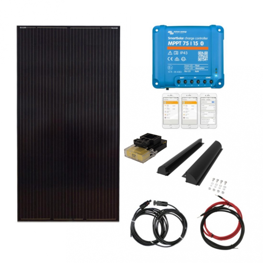 Komplett solcellepakke som er godt egnet til bobil, som leveres med du trenger for montering og VICTRON regulator med Bluetooth. Regulator er kompatibel med AGM, Bly, GEL og Lithiumbatterier.