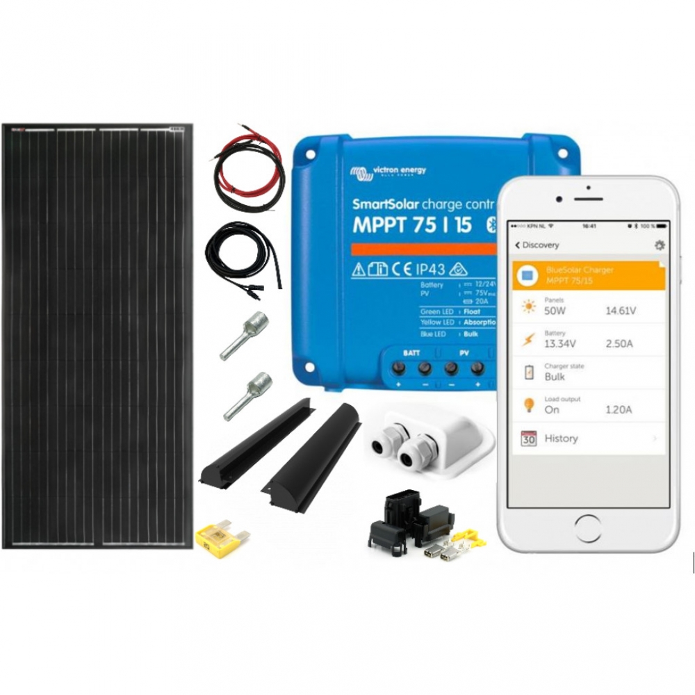 Grunnpakken vår til bobiler består av et stilig og klasseledende effektivt, Skanbatt Mono Perc 200W solcellepanel med ramme, en tilpasset Victron Smartsolar MPPT. Regulator er kompatibel med AGM, Bly, GEL og Lithiumbatterier.