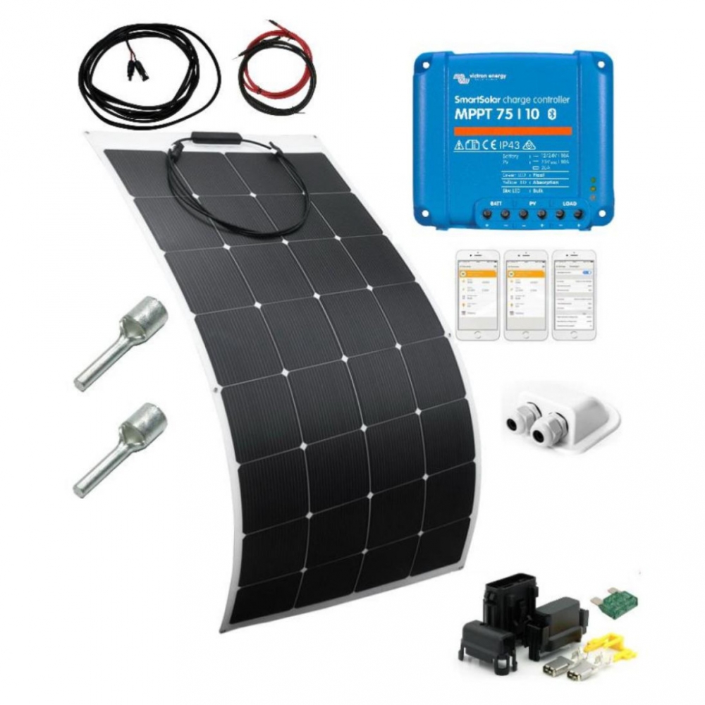 Solcellepakke med 110W Skanbatt fleksibelt solcellepanel av beste kvalitet. I denne pakken får du også en klasseledende MPPT regulator fra Victron med Bluetooth.