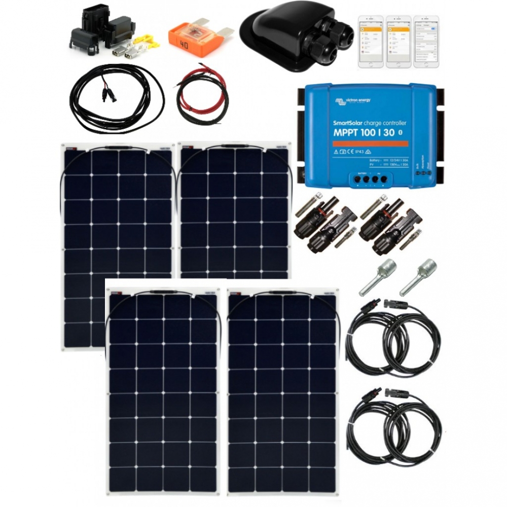 Solcellepakke med 4 stk. 110W Skanbatt fleksible solcellepanel av beste kvalitet. Disse 4 panelene kan spres utover taket der det er ledig plass, uten skygge, og bør seriekobles for best effekt/lavest tap. 