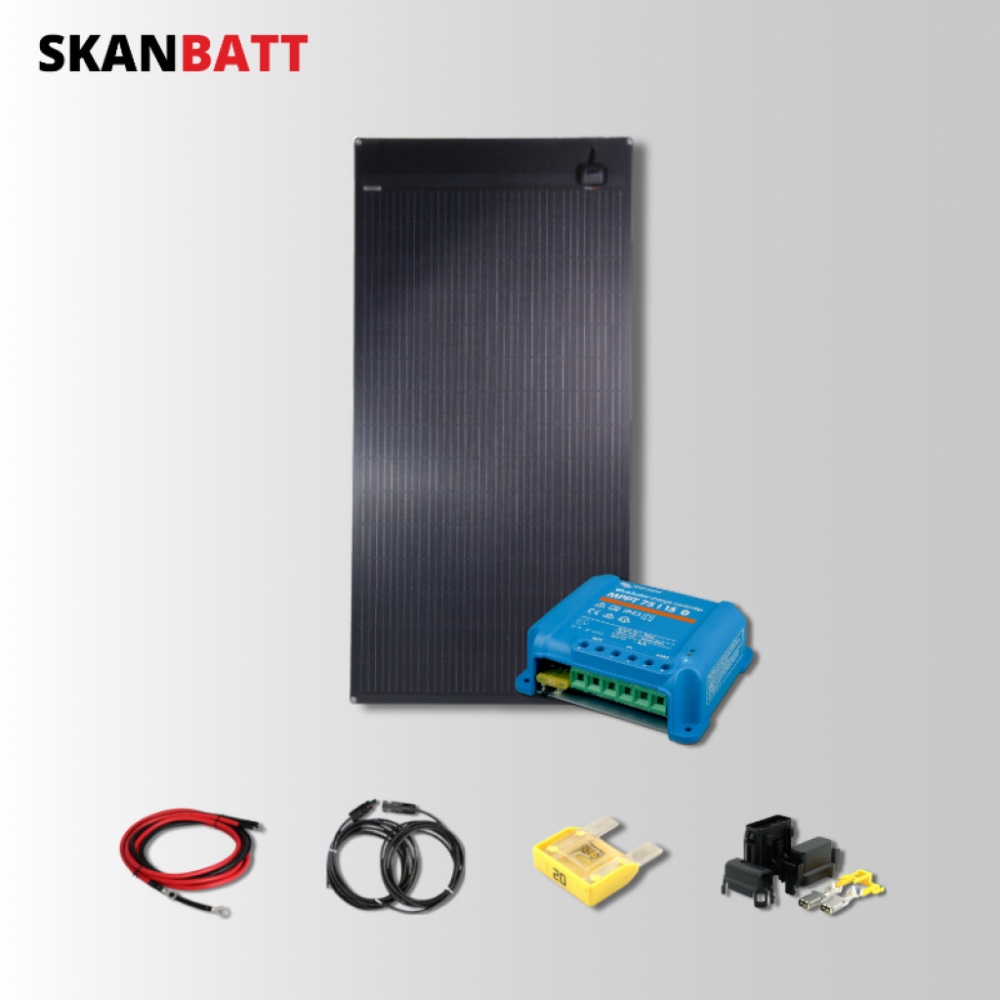 Solcellepakke med 160W Skanbatt fleksibelt solcellepanel av beste kvalitet. I denne pakken får du også en klasseledende MPPT regulator fra Victron med Bluetooth.