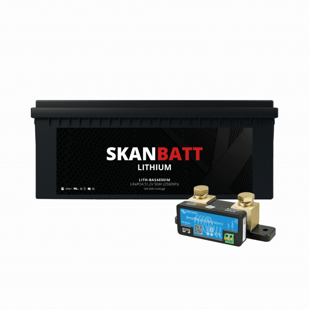Leveres med Victron SmartShunt for avlesning av batteristatus via telefon eller nettbrett.