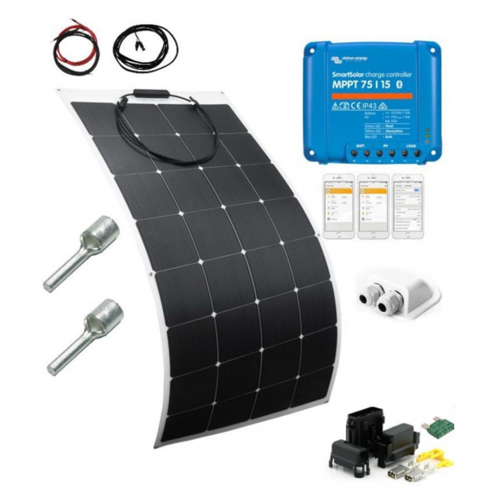 Solcellepakke med 160W Skanbatt fleksibelt solcellepanel av beste kvalitet. I denne pakken får du også en klasseledende MPPT regulator fra Victron med Bluetooth.