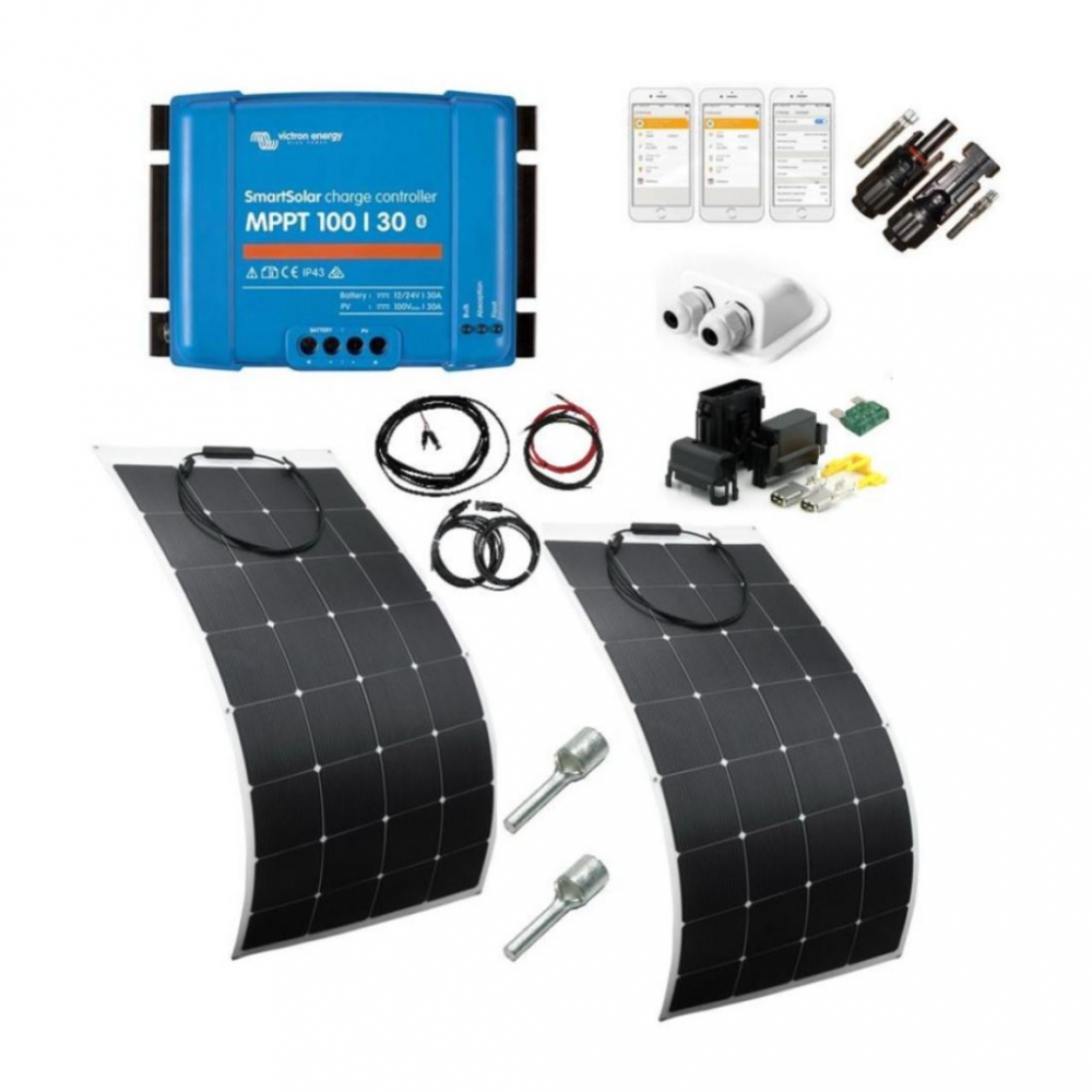 Solcellepakke med 2stk.160W Skanbatt fleksibelt solcellepanel av beste kvalitet. I denne pakken får du også en klasseledende MPPT regulator fra Victron med Bluetooth.